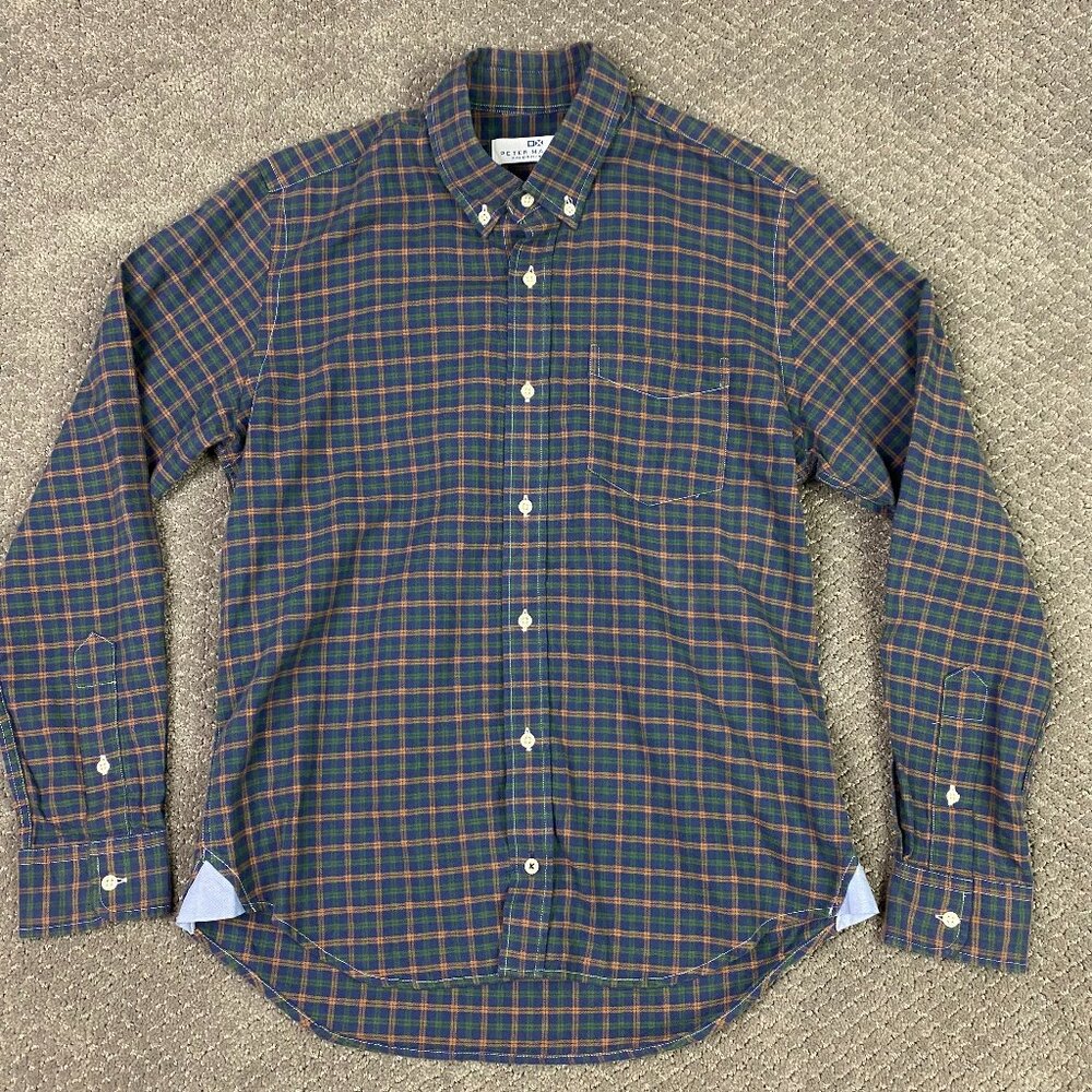 Peter Manning Lightweight Flannel Button Down Shirt Mens Size 2 Plaid Blue Green